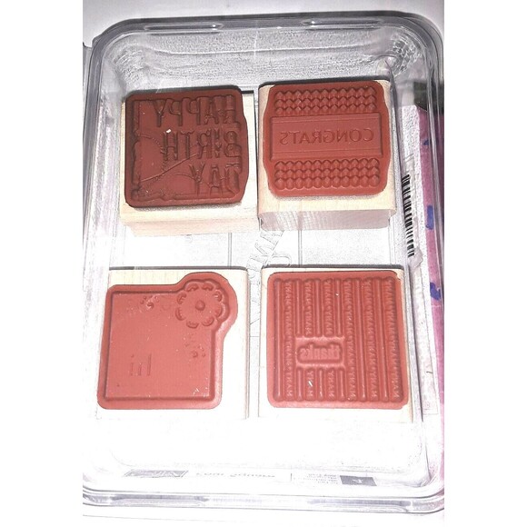 Stamp Set Stampin' Up! Four Square Wood Mount Happy Birthday Thanks Hi Congrats - Picture 2 of 4